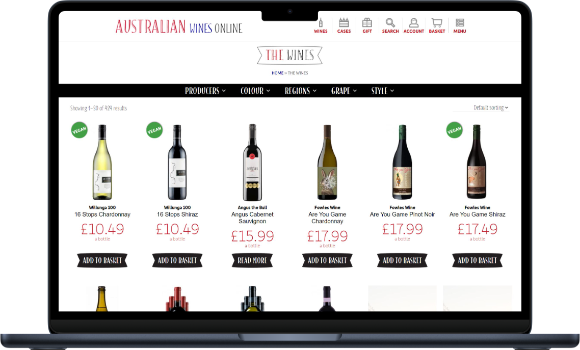 Australian wines website wines on laptop