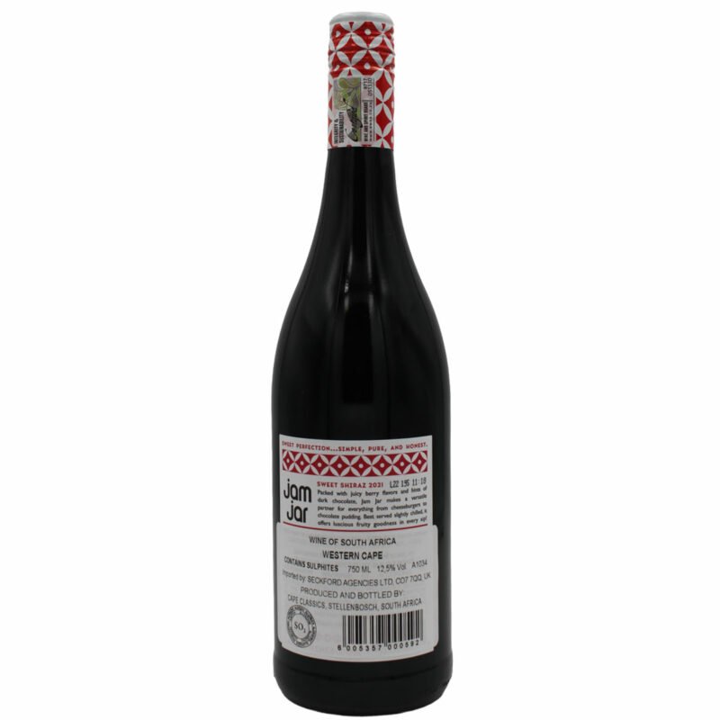 Back of a Bottle of jam jar sweet shiraz