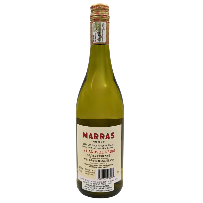 back of a bottle of Marras Los Tros Chenin Blanc