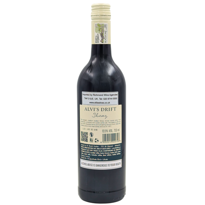 Back of a bottle of Alvi's Drift Signature Shiraz