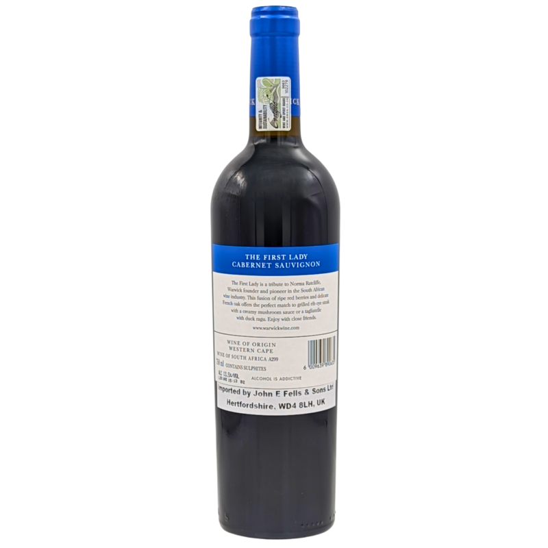 Back of a bottle of Warwick First Lady Cabernet Sauvignon