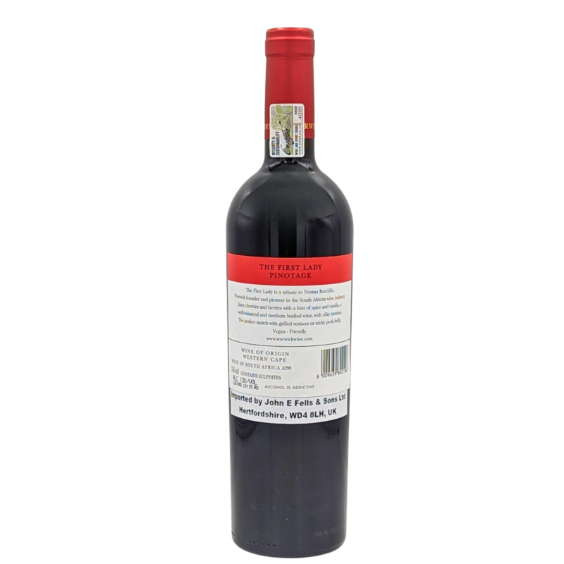 back of a bottle of Warwick First Lady Pinotage
