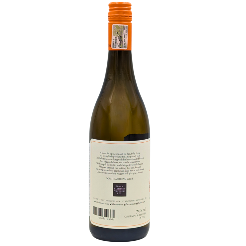 back of a bottle of Two Dogs a Peacock and a Horse Sauvignon Blanc