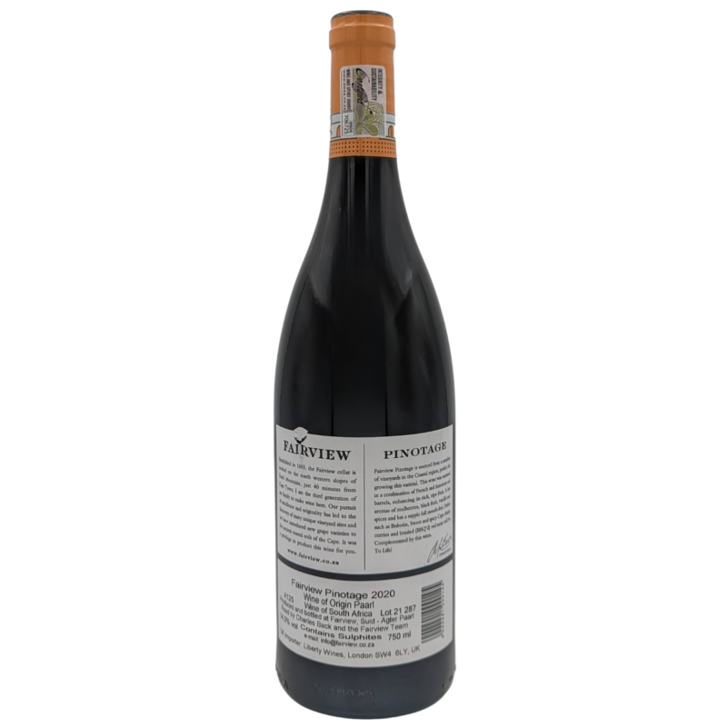 Back of a bottle of Fairview Pinotage