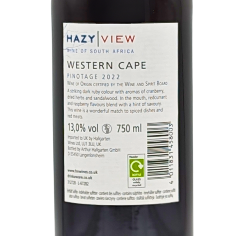 back label of a bottle of hazy view pinotage