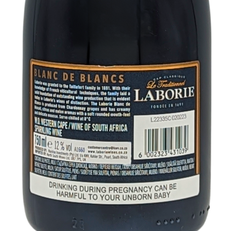 back label of a bottle of laborie blanc de blancs
