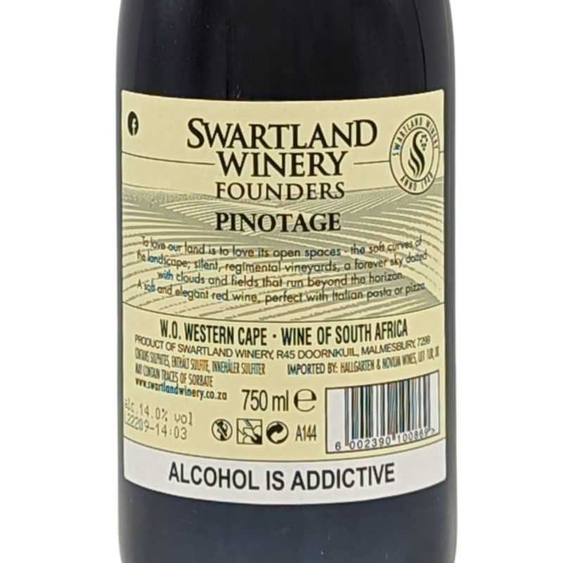 back label of a bottle of swartland founders pinotage