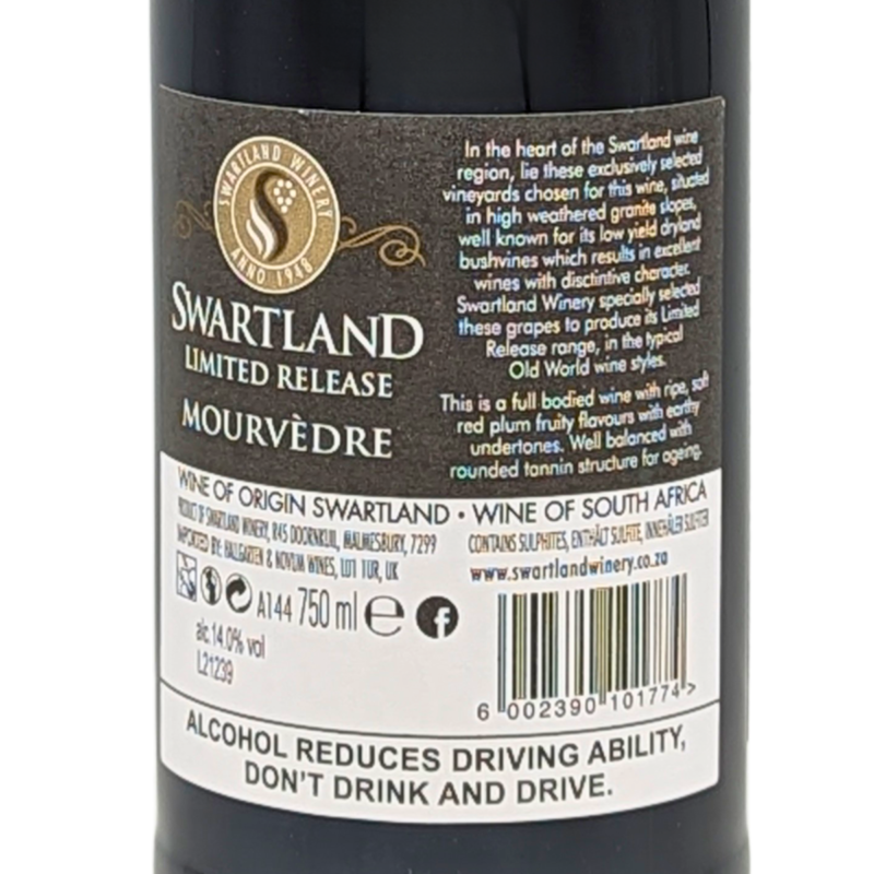 back label of a bottle of swartland mourvedre