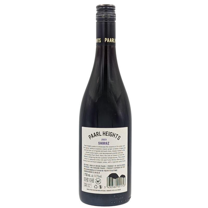 back of a bottle of Paarl Heights Shiraz