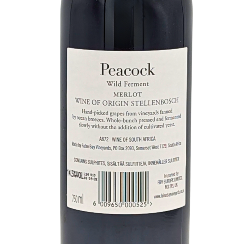 back label of a bottle of Peacock Wild Ferment Merlot