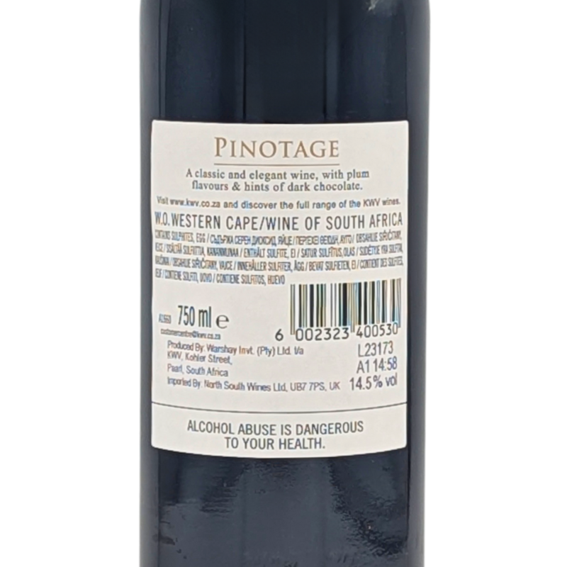 back label of a bottle of KWV Classic Pinotage