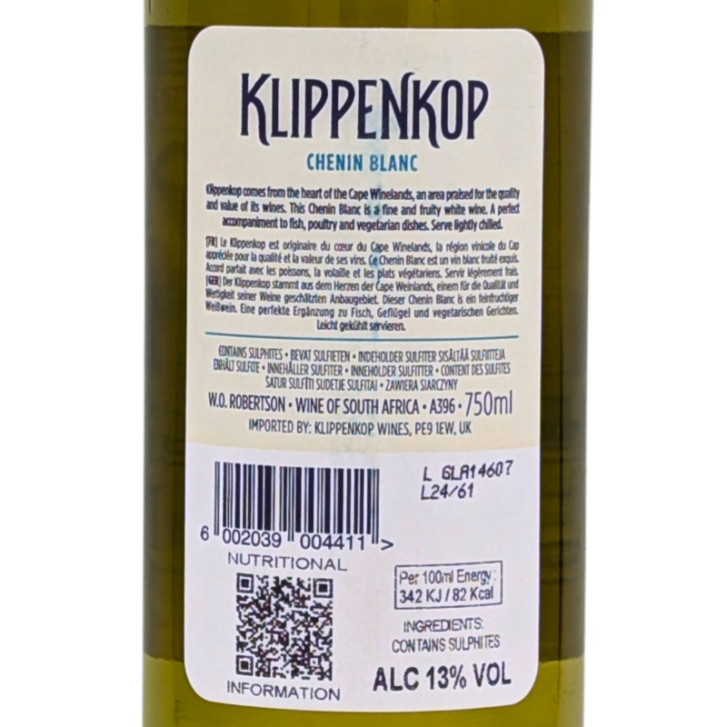 back label of a bottle of Klippenkop Chenin Blanc