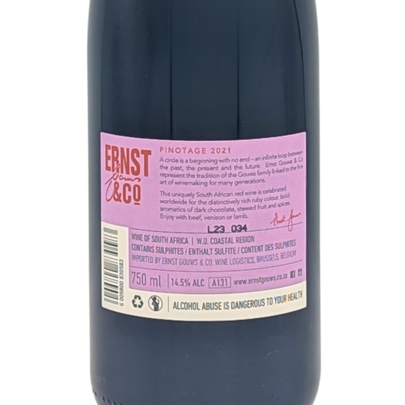back label of a bottle of Ernst Grouws Pinotage