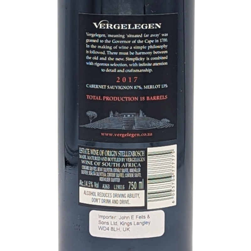 back label of a bottle of Vergelegen V